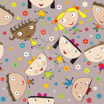 Seamless pattern with happy children and flowers