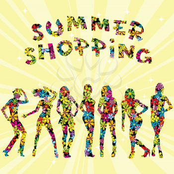 Summer shopping advertising with flowers patterned women silhouette