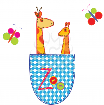 Zoo illustration with giraffe and kangaroo in a pocket