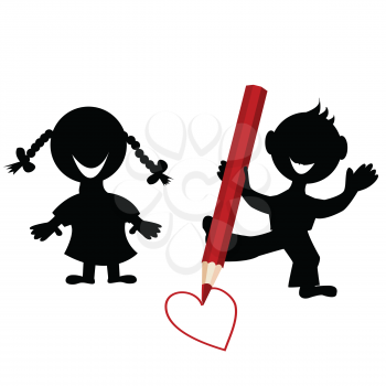 Background with children silhouettes drawing a heart