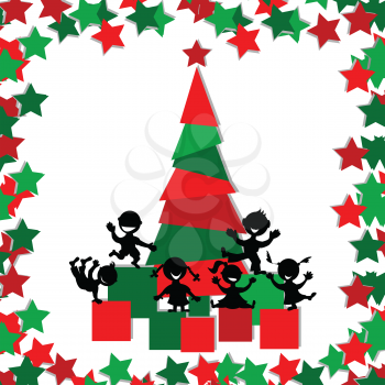 Christmas card with kids playing around a Christmas tree