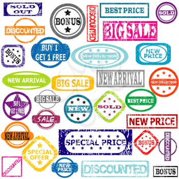 Rubber colored stamps with sale messages