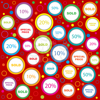 Wrapping paper with sold and discounds adverts in colored circles
