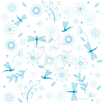 Seamless background with dragonflies and flowers