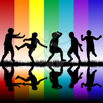 Royalty Free Clipart Image of a Group of Children in Front of a Rainbow Background