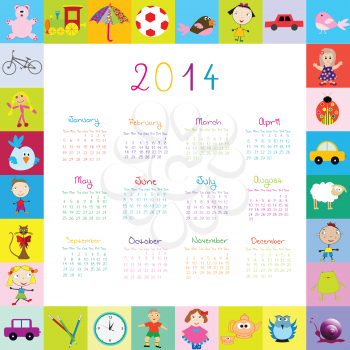 Frame with 2014 calendar with toys