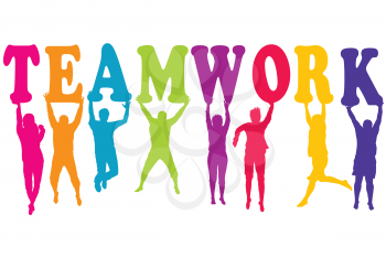 Teamwork concept with colored women and men silhouettes jumping