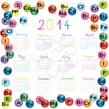 2014 calendar with vitamins and minerals for drugstores and hospitals