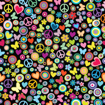 Seamless pattern of flowers, circles, hearts, butterflies and peace signs