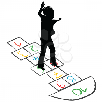 Child silhouette jumping over hopscotch