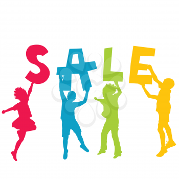 Children silhouettes holding letters with message SALE in the hands
