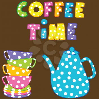 Coffee time with stacked colorful cups and coffee pot