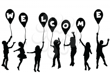 Children silhouettes holding balloons with letters building WELCOME