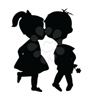 Cartoon boy and girl silhouettes kissing