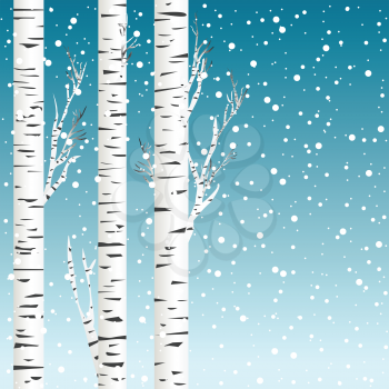 Winter background with birch trees and snowflakes