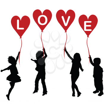 Children silhouettes with heart balloons and word LOVE