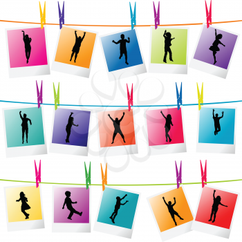 Colorful photo frames with children silhouettes hanging on a rope