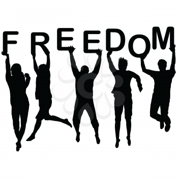 People silhouettes jumping and holding the letters with word Freedom in their hands