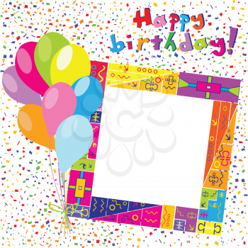 Happy Birthday colorful card with confetti and balloons