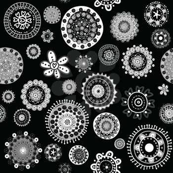 White doodle flowers over black background seamless pattern