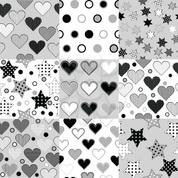 Set of black and white seamless background patterns with stars, hearts and dots