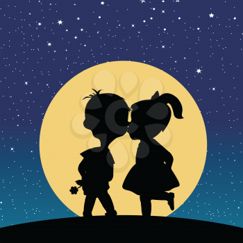 Silhouette of a boy and a girl kissing in the moonlight