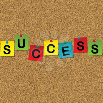 Colored sheets of paper with word Success pinned to a cork message board