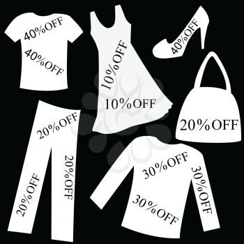 Set of white clothing with sale percent discount over black background