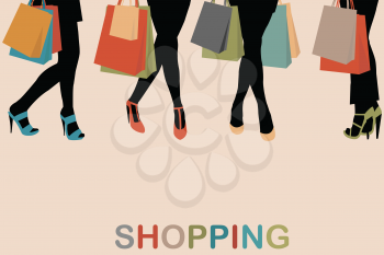 Vintage women silhouettes legs with high heels and shopping bags