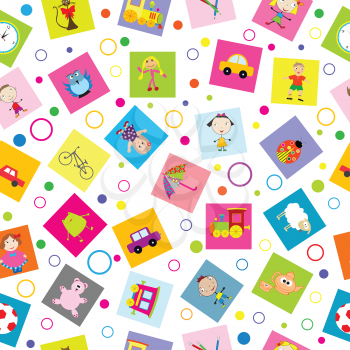 Seamless background with toys and cartoon kids