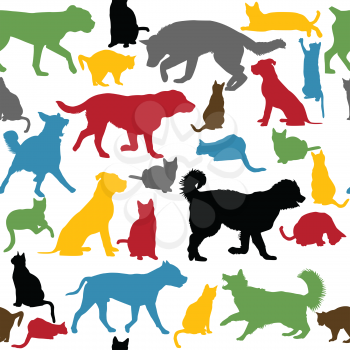 Seamless background with colorful cats and dogs silhouettes