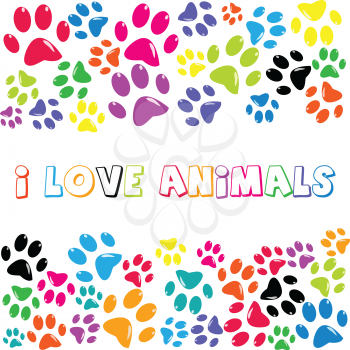 I Love Animals text with colorful paws print
