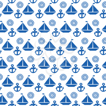 Cartoon seamless pattern with sail boats, anchors and stylized sun, background for boy kids