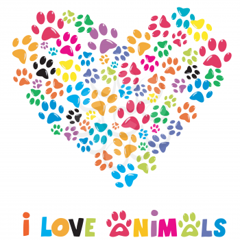 Colorful heart with animals footprints and text I love animals