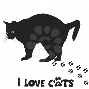I love cats card with black cat silhouette and paws print