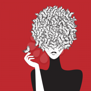 Stylized woman wiith butterflies hairstyle on red background
