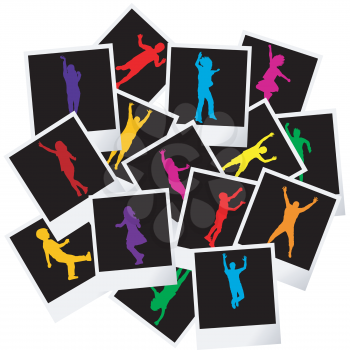A pile of photo frames with colored children silhouettes