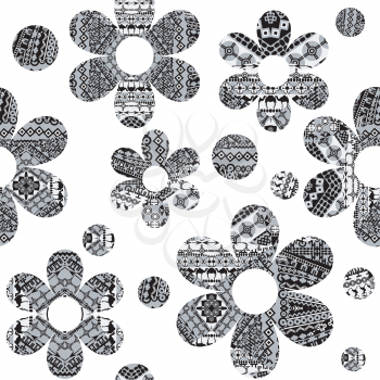 Black and white seamless pattern with ethnic motifs patterned flowers