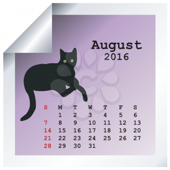 August 2016 Calendar with black cat silhouette