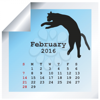 February 2016 Calendar with black cat silhouette