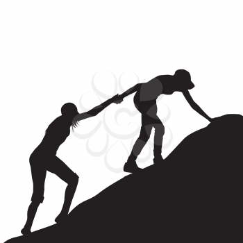 Silhouettes of girl giving helping hand to her friend to climb up the last section of mountain