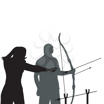 A female instructor teaching a man how to shoot bow