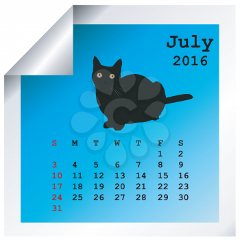 July 2016 calendar with black cat silhouette