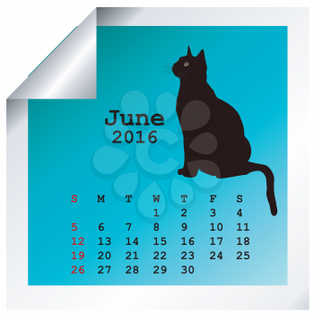 June 2016 calendar with black cat silhouette