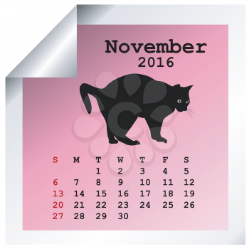 November 2016 Calendar with black cat silhouette