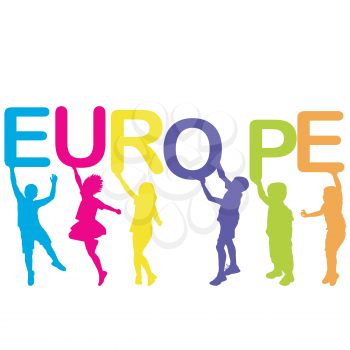 Children silhouettes holding letters building the word EUROPE