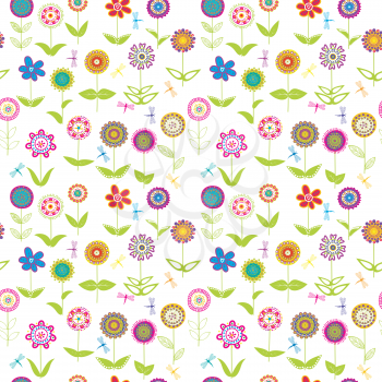 Whimsical flowers seamless over white background