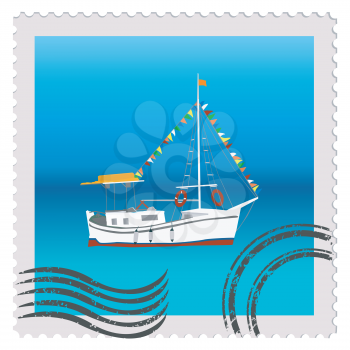Illustration of a postage stamp with sailing ship with colorful bunting strung across the masts