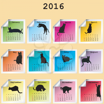 2016 Calendar with black cats silhouettes