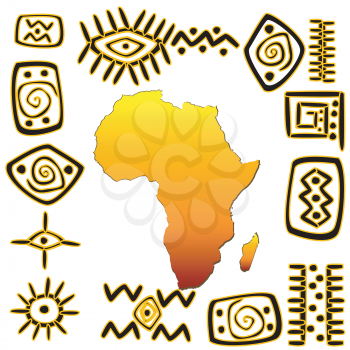 African symbols set with Africa map